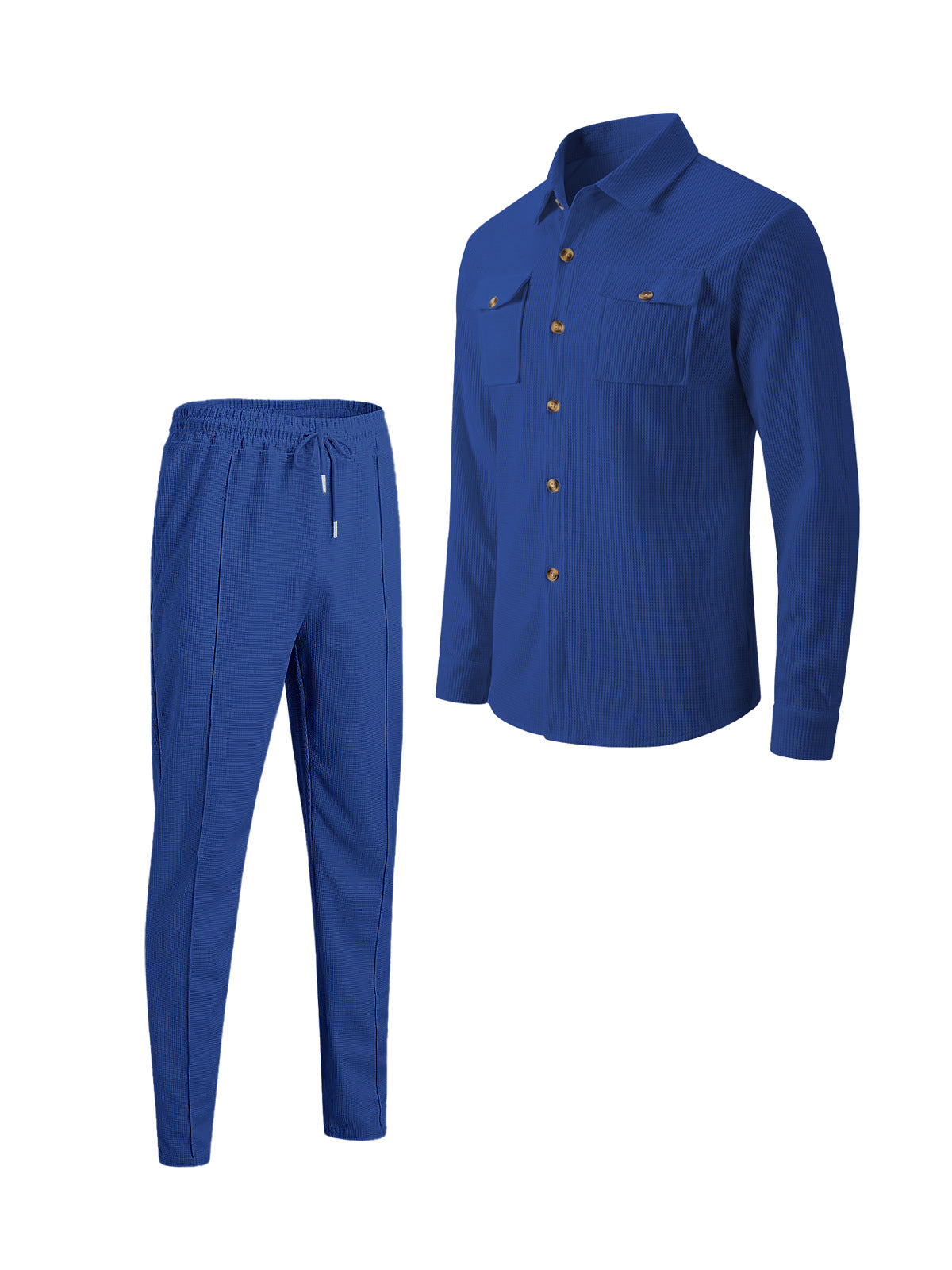 Men's Casual Waffle Solid Color Track Suit Long Sleeve Lapel Jacket and Pants Two-Piece Set teemdrop