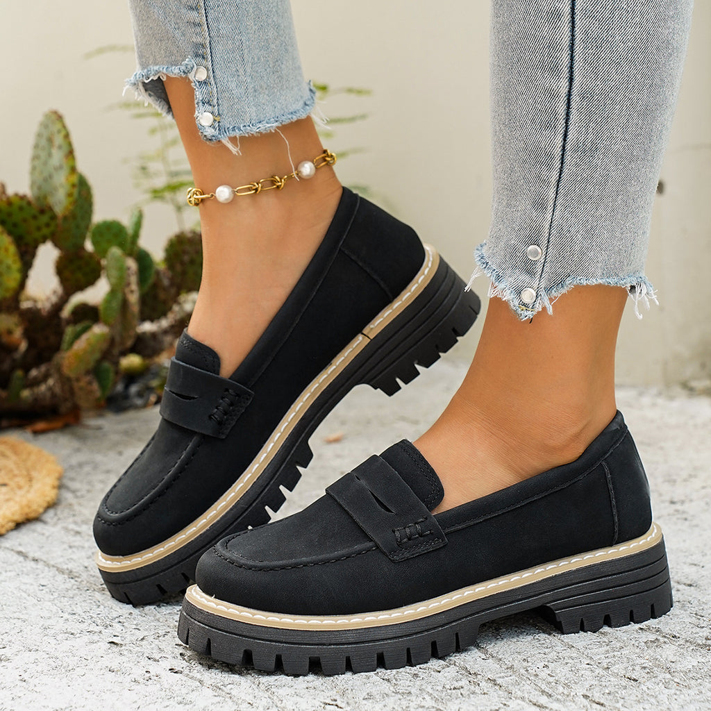 Womens Classic PU Loafers Round Toe Thick Heel Slip On Shoes teemdrop