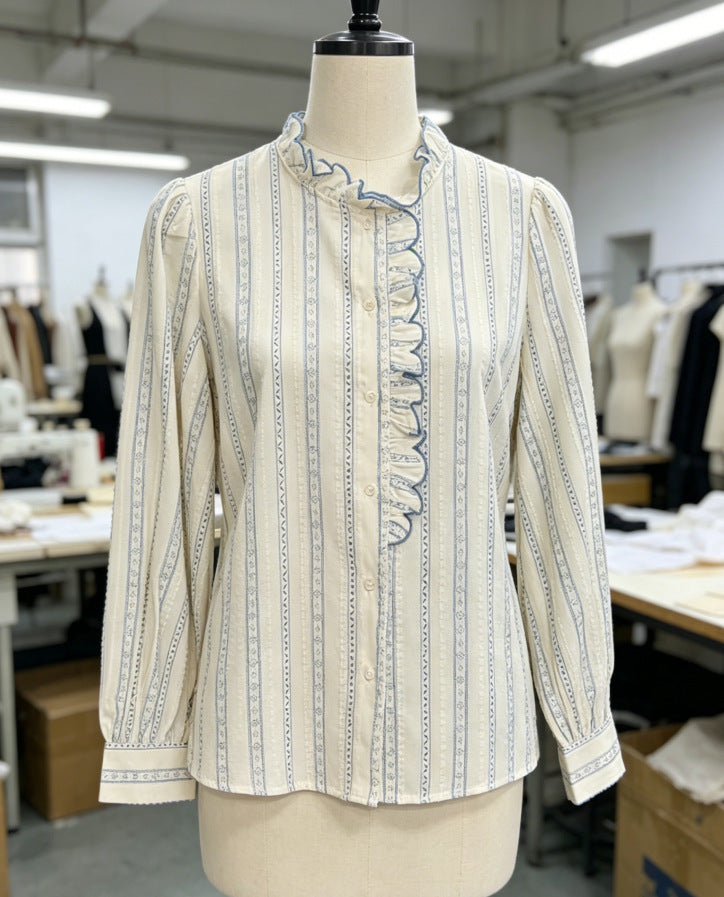 Women's 100% Cotton Ruffled Stand Collar Striped Long Sleeve Blouse teemdrop