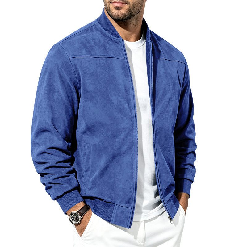 Men's Solid Suede Fleece Baseball Collar Bomber Jacket teemdrop