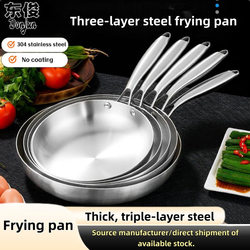 Thickened 304 Stainless Steel Non-Coated Frying Pan with Three-Layer Composite Bottom