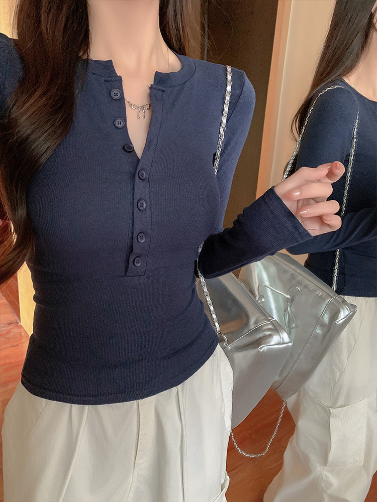 Women's Slim Fit Half-Collar Button Long Sleeve T-Shirt teemdrop