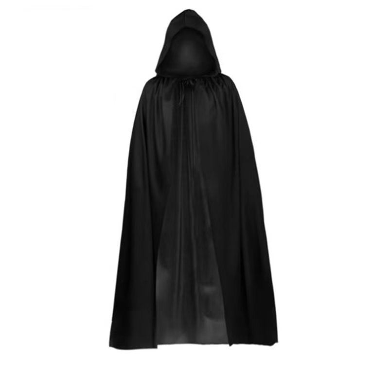 Adult Black Satin Grim Reaper Hooded Cloak Halloween Costume