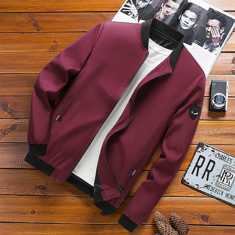 Men's Slim Fit Stand Collar Zip-Up Jacket, Solid Color Long Sleeve Breathable Outerwear teemdrop
