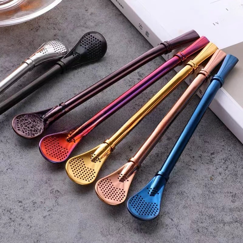 304 Stainless Steel Mesh Filter Straw Spoon with Built-in Strainer for Tea and Juice Mixing teemdrop