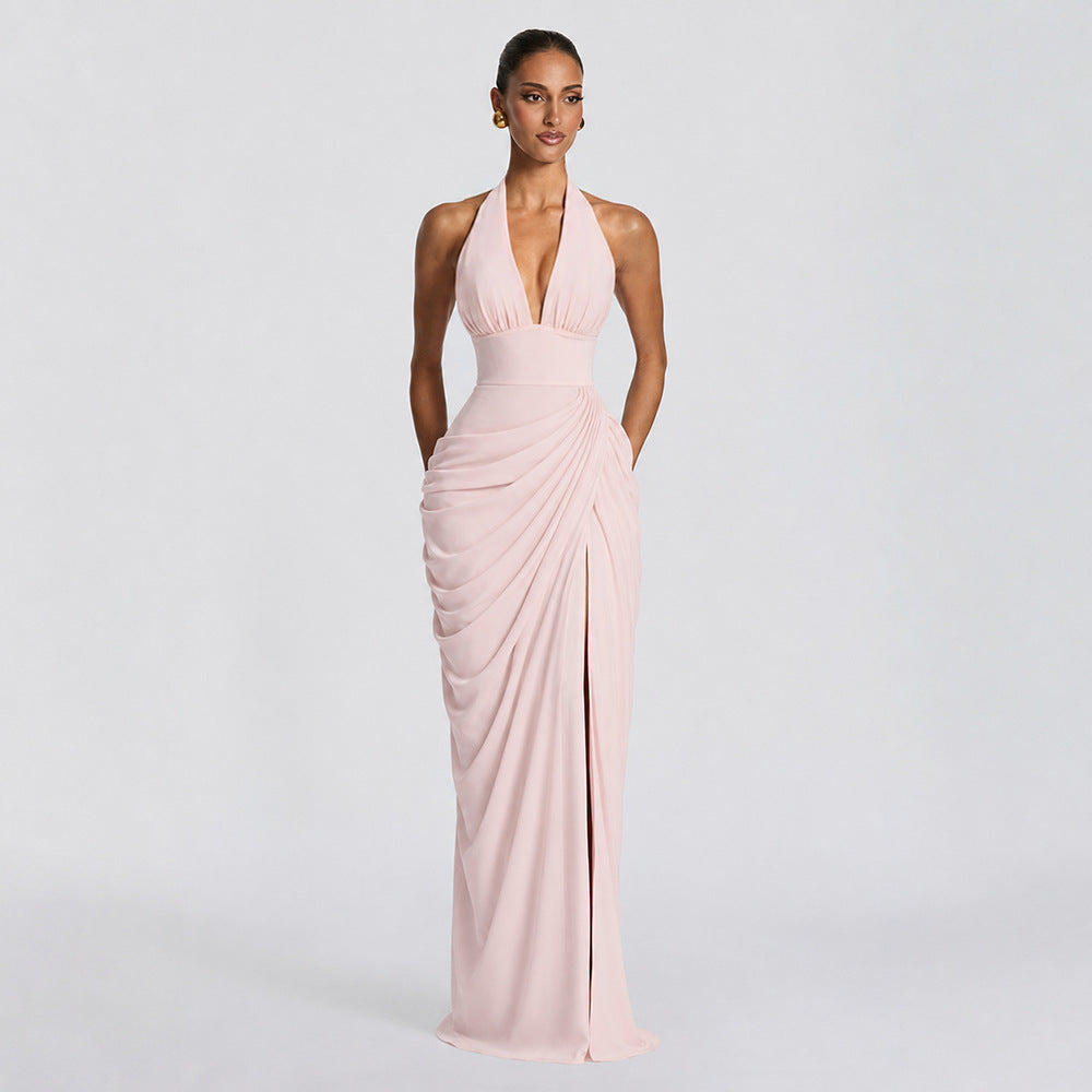 Womens Halter Neck V-Neck Backless Slit Long Dress with Pleats