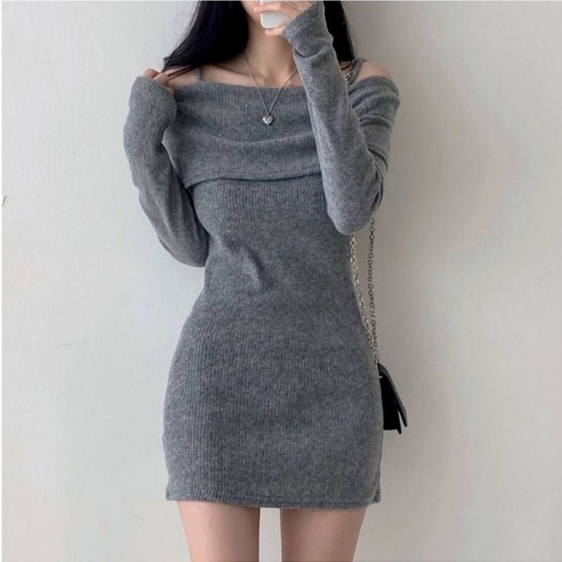 Women's Off-Shoulder Ribbed Knit Hip-Hugging Short Dress teemdrop