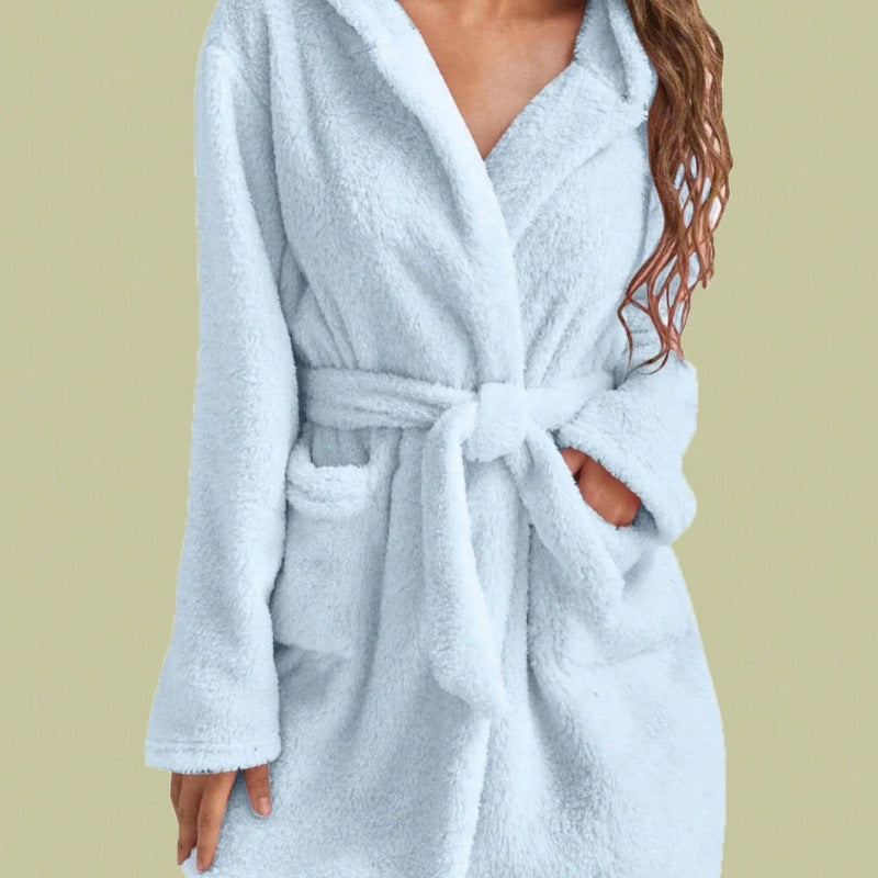 Women's Flannel Coral Fleece V-Neck Long Bathrobe teemdrop