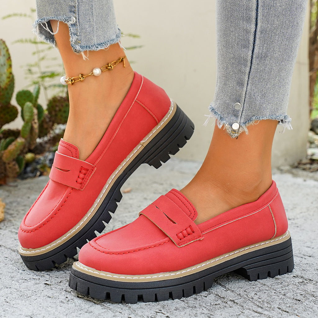 Womens Classic PU Loafers Round Toe Thick Heel Slip On Shoes teemdrop