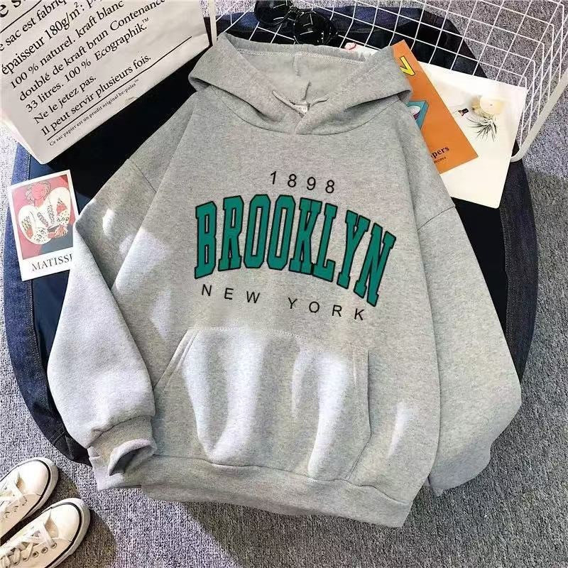 Women's Fleece Lined Hooded Sweatshirt Letter Print Long Sleeve Loose Fit Pullover