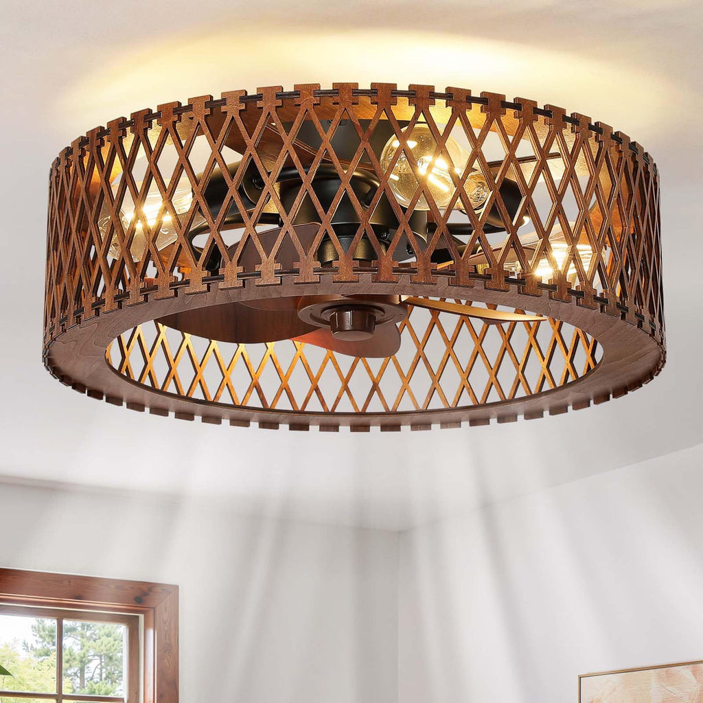 Wabi-Sabi Wooden Fan Chandelier Vintage Ceiling Lamp with Remote Control teemdrop