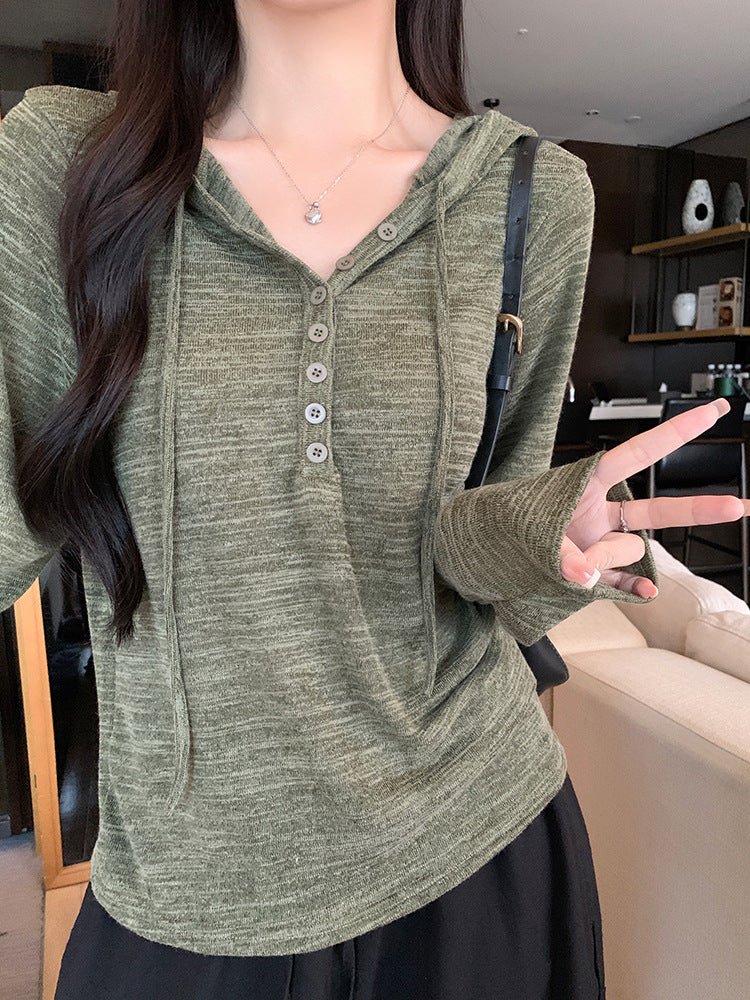 Women's Button-Down Knit Hoodie Long Sleeve Henley T-Shirt teemdrop