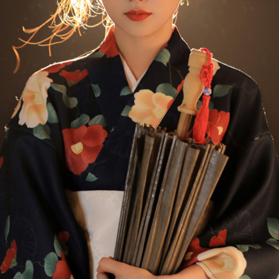 Womens Traditional Retro Japanese Camellia Print Kimono Dress with Girdle and Fan Headdress Set teemdrop