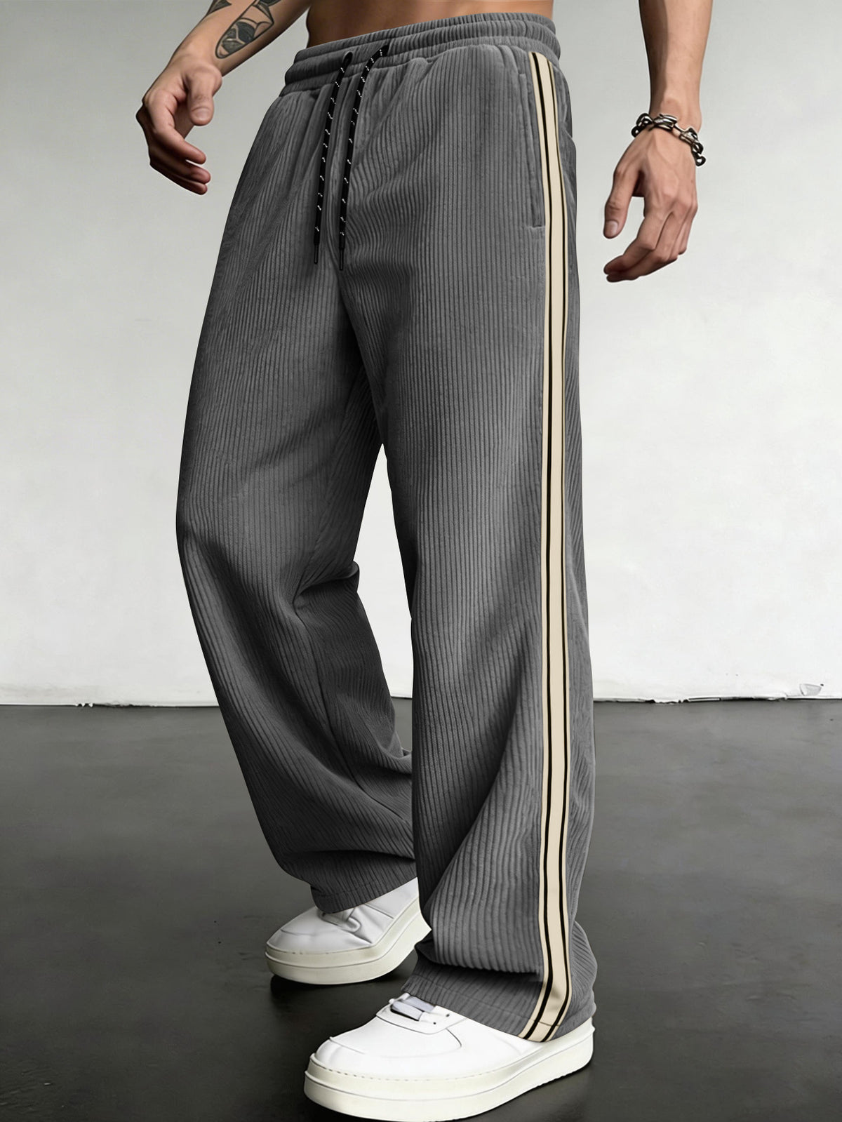 Men's Striped Corduroy Drawstring Straight-Leg Casual Pants teemdrop