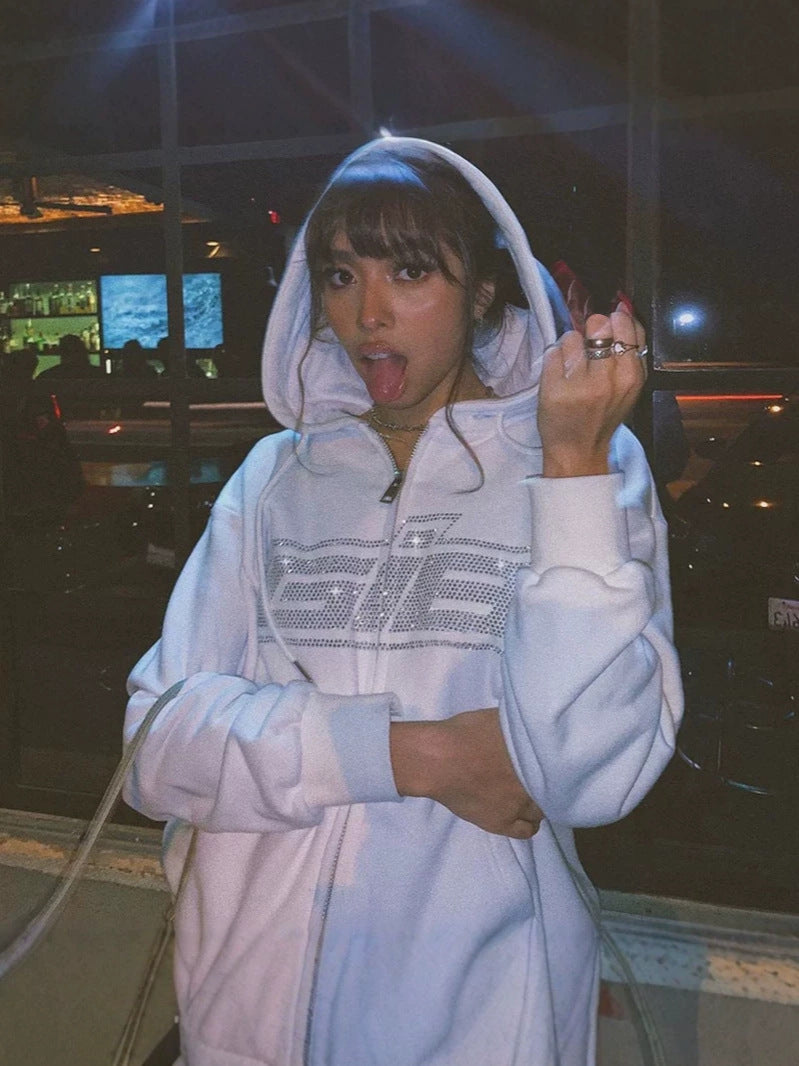 Zip Up Hoodie with Rhinestone Lettering