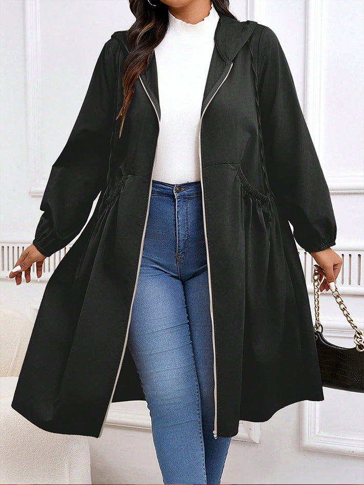 Plus Size Solid Color Pleated Long Sleeve Mid-Length Jacket
