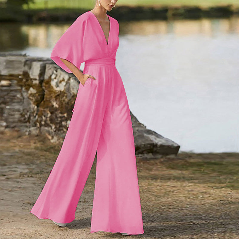 2026 Winter New European and American Foreign Trade Women's Fashion Jumpsuit Amazon Hot-Selling Deep V High-Waisted Wide-Leg Pants