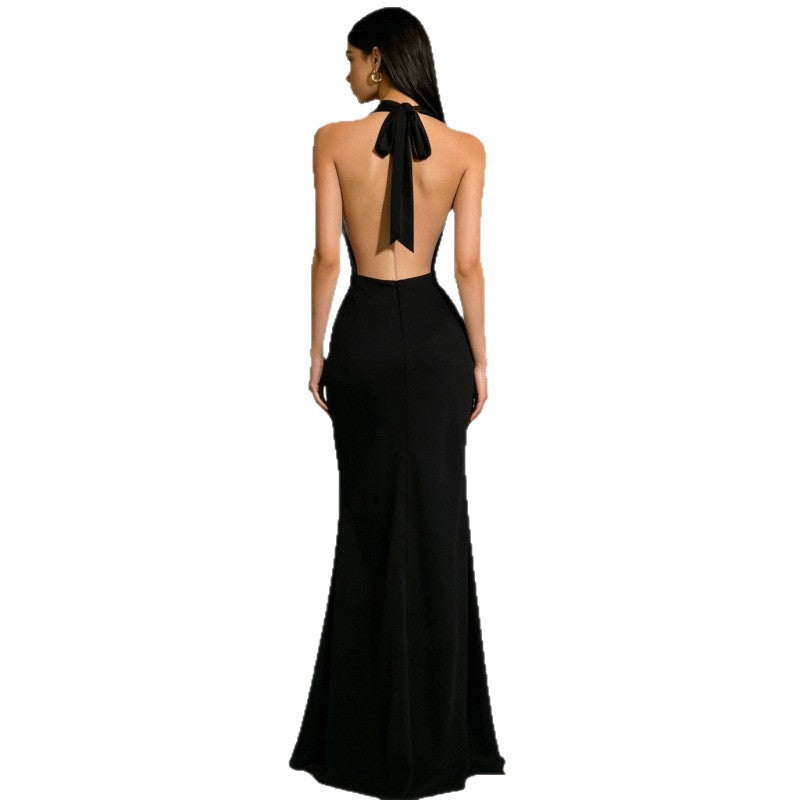 Women's Satin Halter Neck Backless Floor Length Evening Dress teemdrop