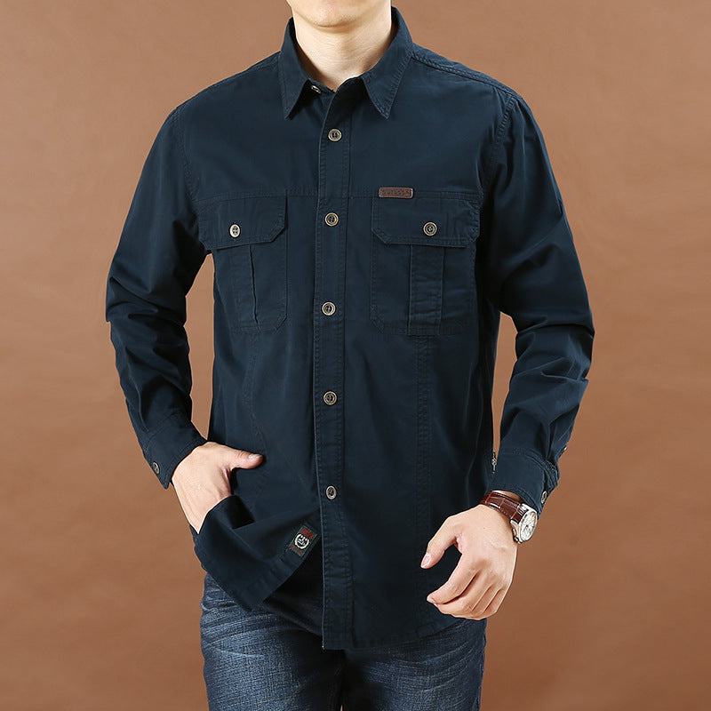Men's Plus Size Solid Color Long Sleeve Work Shirt Loose Fit Casual Button-Down Shirt with Pocket teemdrop