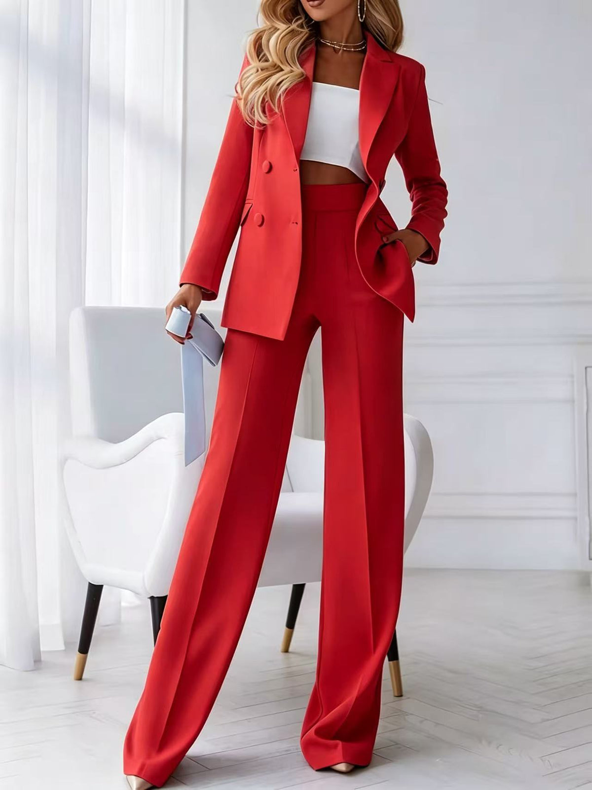 Womens Double-Breasted Blazer and Wide-Leg Pants Suit Set teemdrop