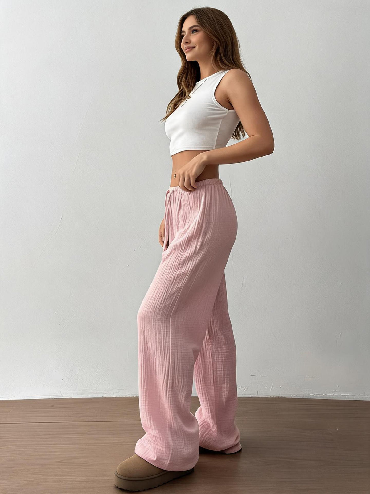 Women's Textured High Waist Drawstring Drapey Wide Leg Pants teemdrop