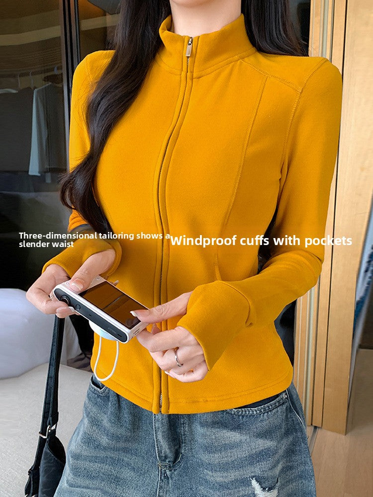 Women Stand Collar Zip Front Jacket Slim Fit Long Sleeve Wool Blend Top teemdrop