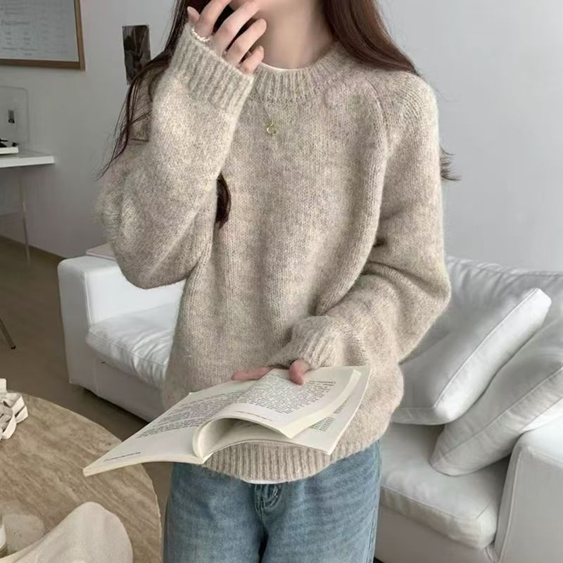 Women's Soft Waxy Knit Sweater Round Neck Long Sleeve Pullover teemdrop