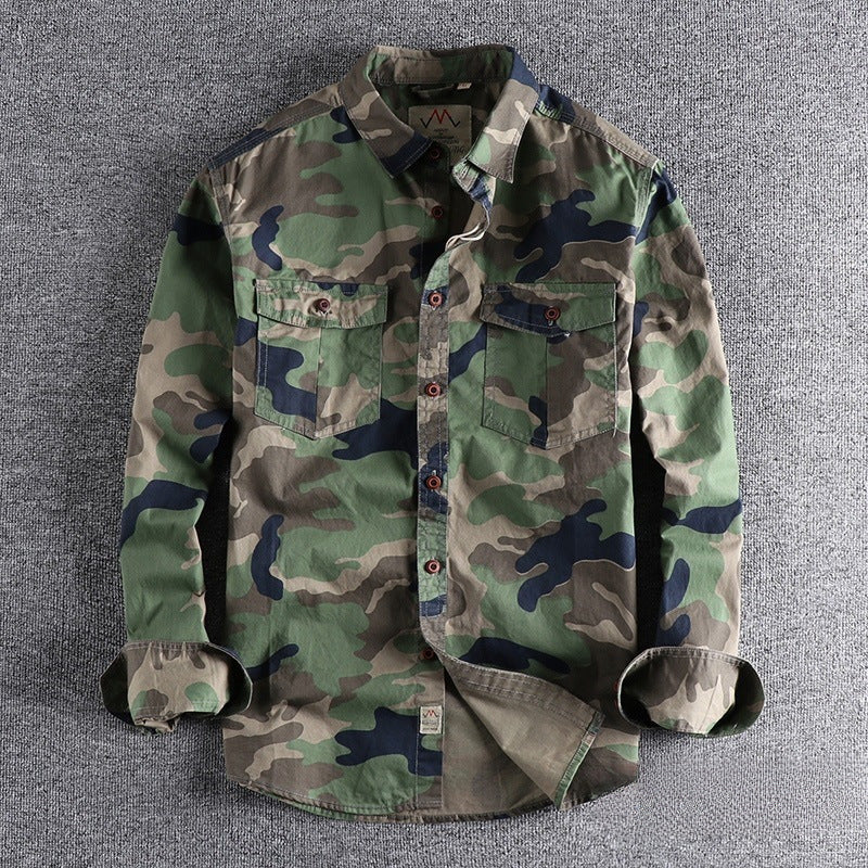 Men's Washed Camouflage Long-Sleeve Cotton Workwear Shirt teemdrop