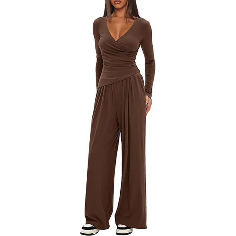 Women's Solid Color Knit V-Neck Long Sleeve Top and Wide Leg Pants Two-Piece Set teemdrop