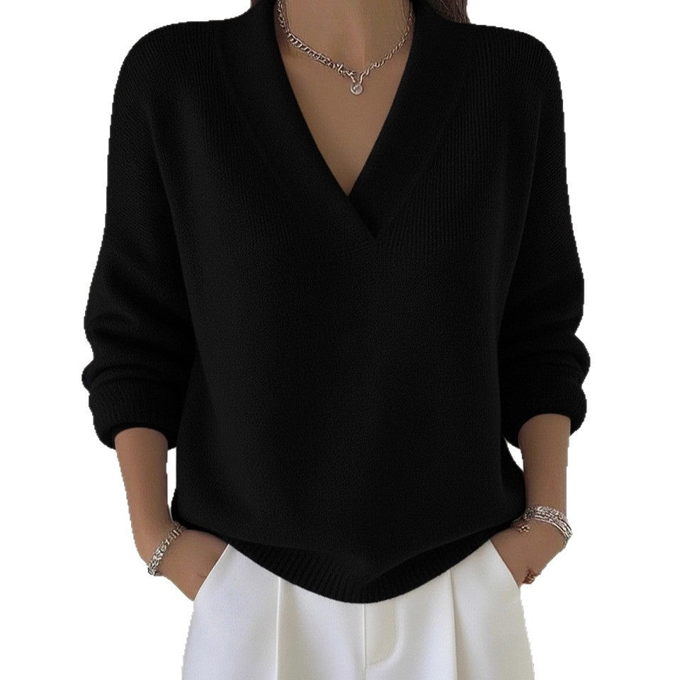 Women V-Neck Long Sleeve Loose Solid Color Knitted Pullover Sweater teemdrop