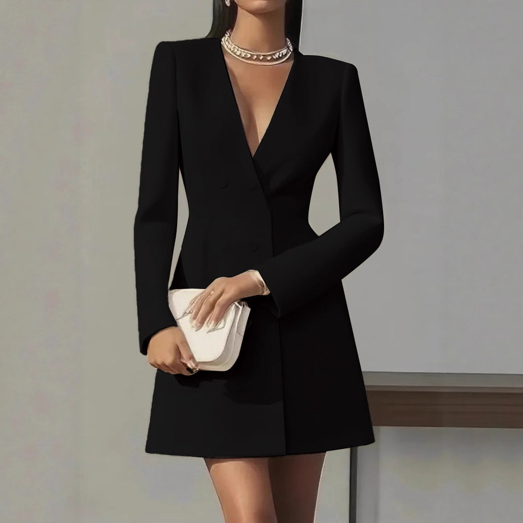 Women's Long-Sleeve Double-Breasted V-Neck Polyester Dress teemdrop
