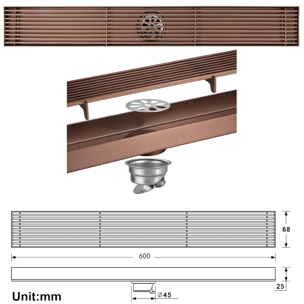 Rose Gold Copper Anti-Odor Concealed Tile Insert Square Linear Floor Drain teemdrop