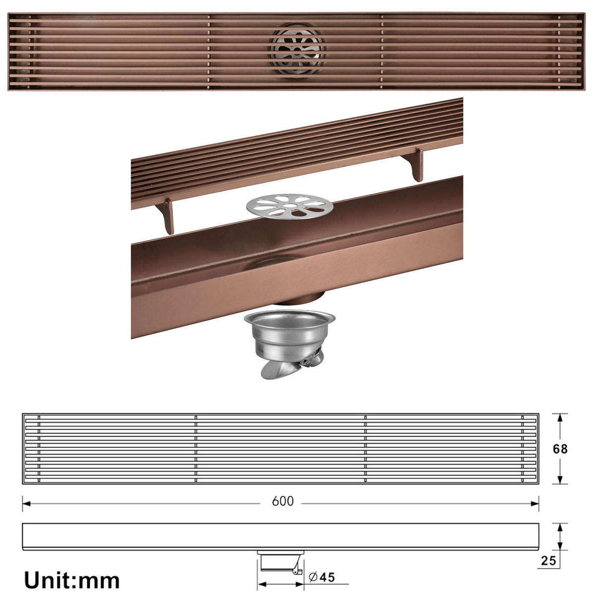 Rose Gold Copper Anti-Odor Concealed Tile Insert Square Linear Floor Drain teemdrop