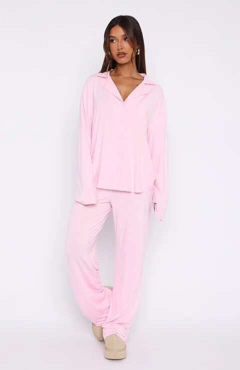 Women Modal Lapel Collar Long Sleeve Sleepwear Set teemdrop