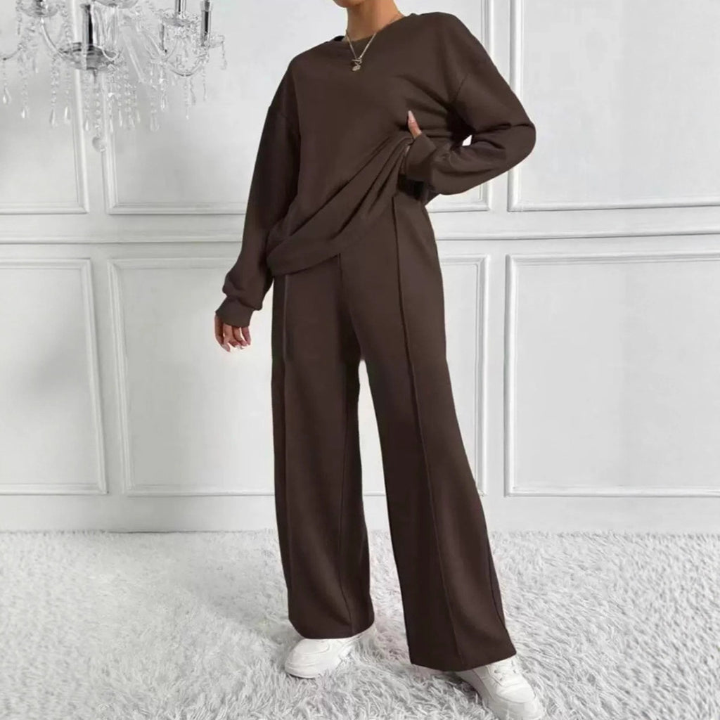 Women's Solid Color Round Neck Long Sleeve Pants Suit Casual Two-Piece Set teemdrop
