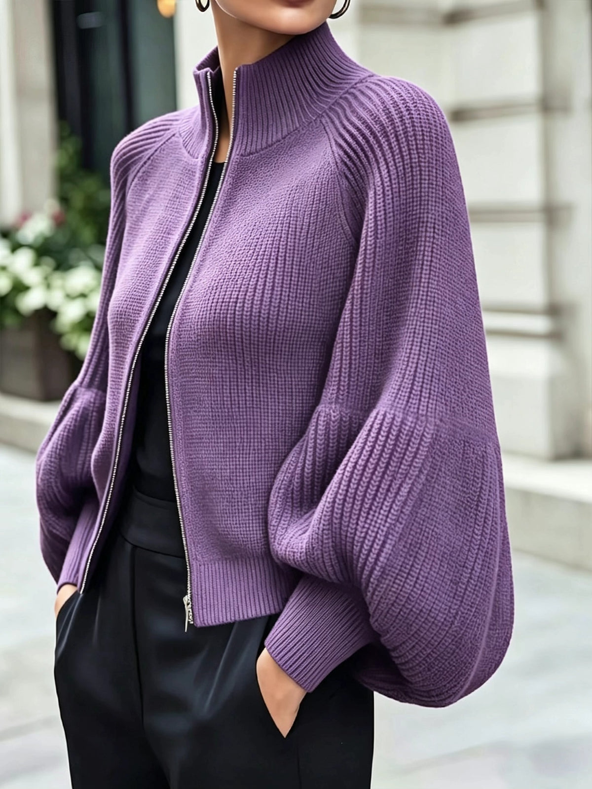 Women's Textured Knit Stand Collar Balloon Sleeve Cardigan teemdrop