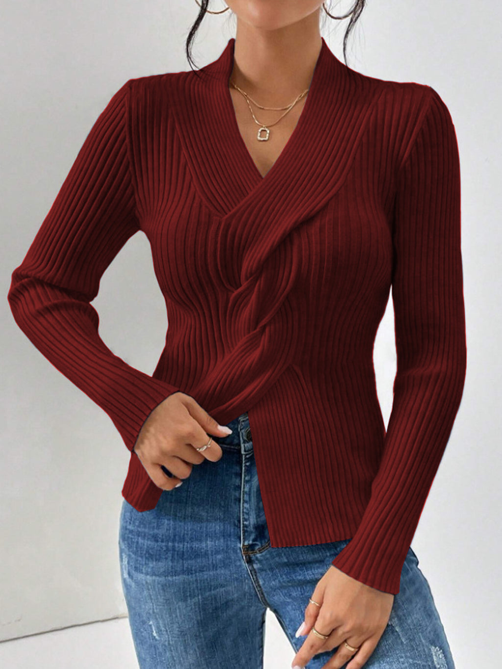 Women's Solid Color V-Neck Long Sleeve Slim Fit Knit Sweater