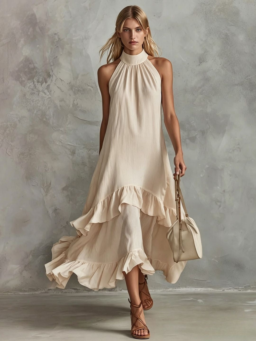 Women's Sleeveless Halter Ruffle Hem Mid-Length Summer Dress teemdrop