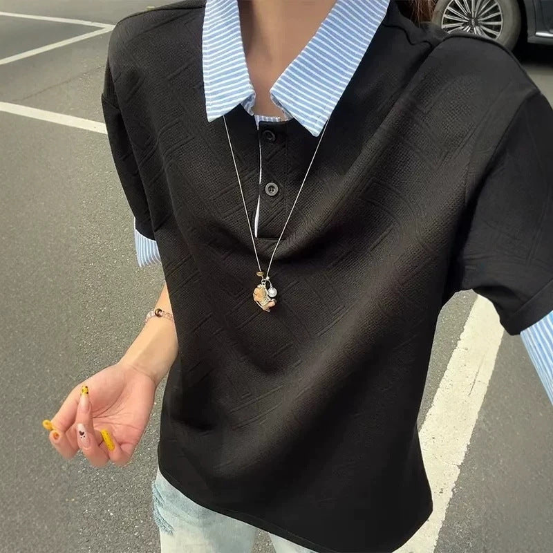 Men's Plaid Patchwork Short Sleeve Polo Shirt Casual Loose Fit Summer Top teemdrop