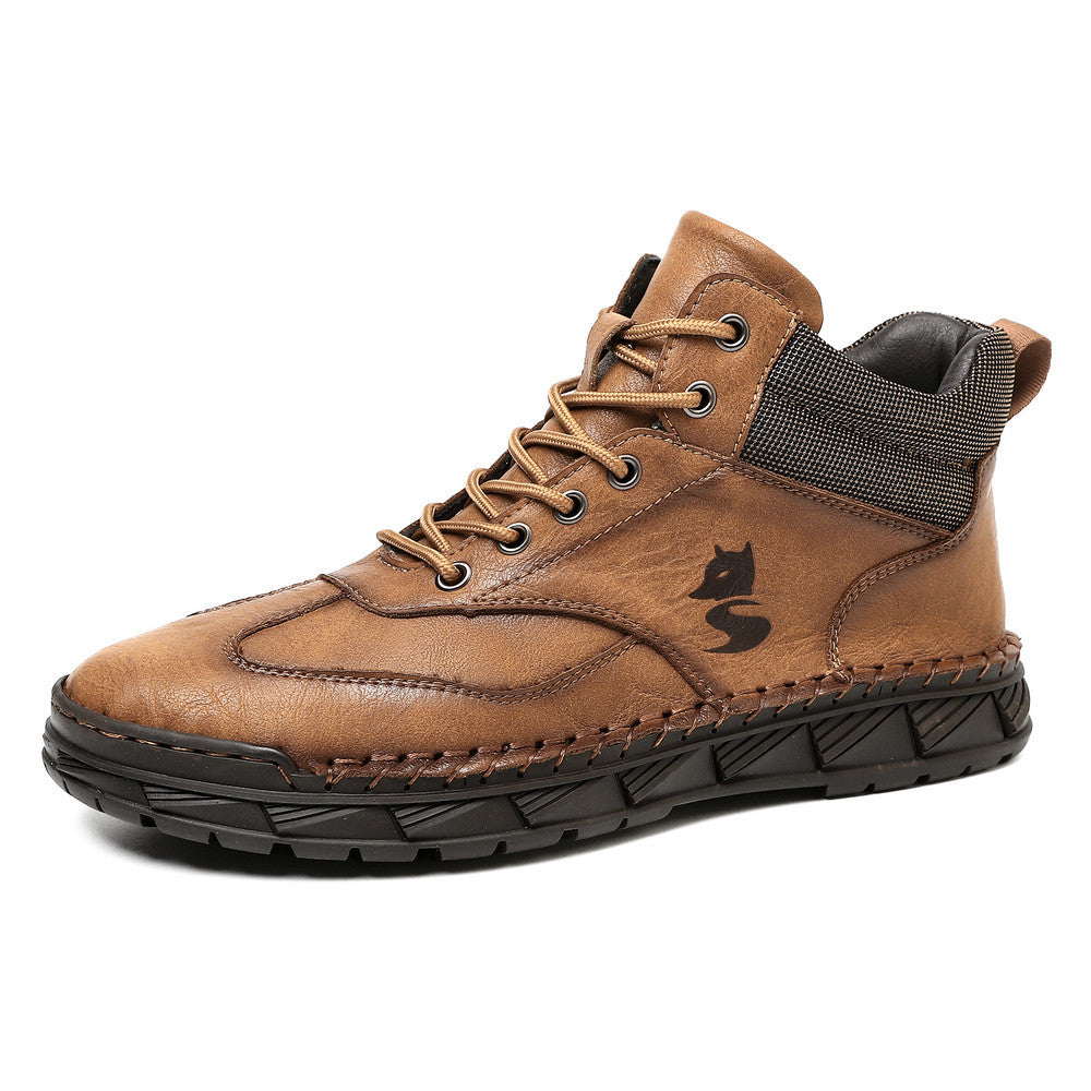 Mens Hand-Stitched PU Leather Lace-Up Flat Ankle Boots