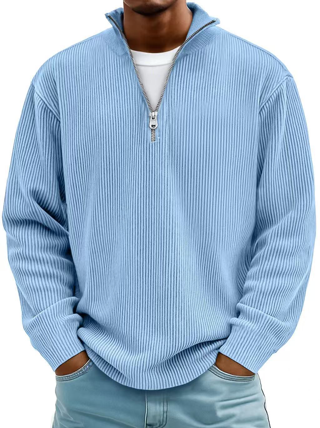 Men's Stand Collar Zipper Corduroy Long Sleeve Polo Shirt teemdrop
