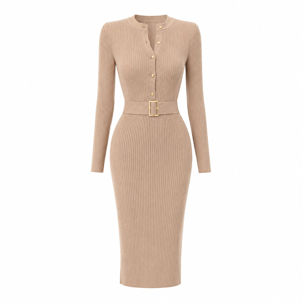 Elegant Bodycon Knitted Ribbed Midi Dress with Belt teemdrop