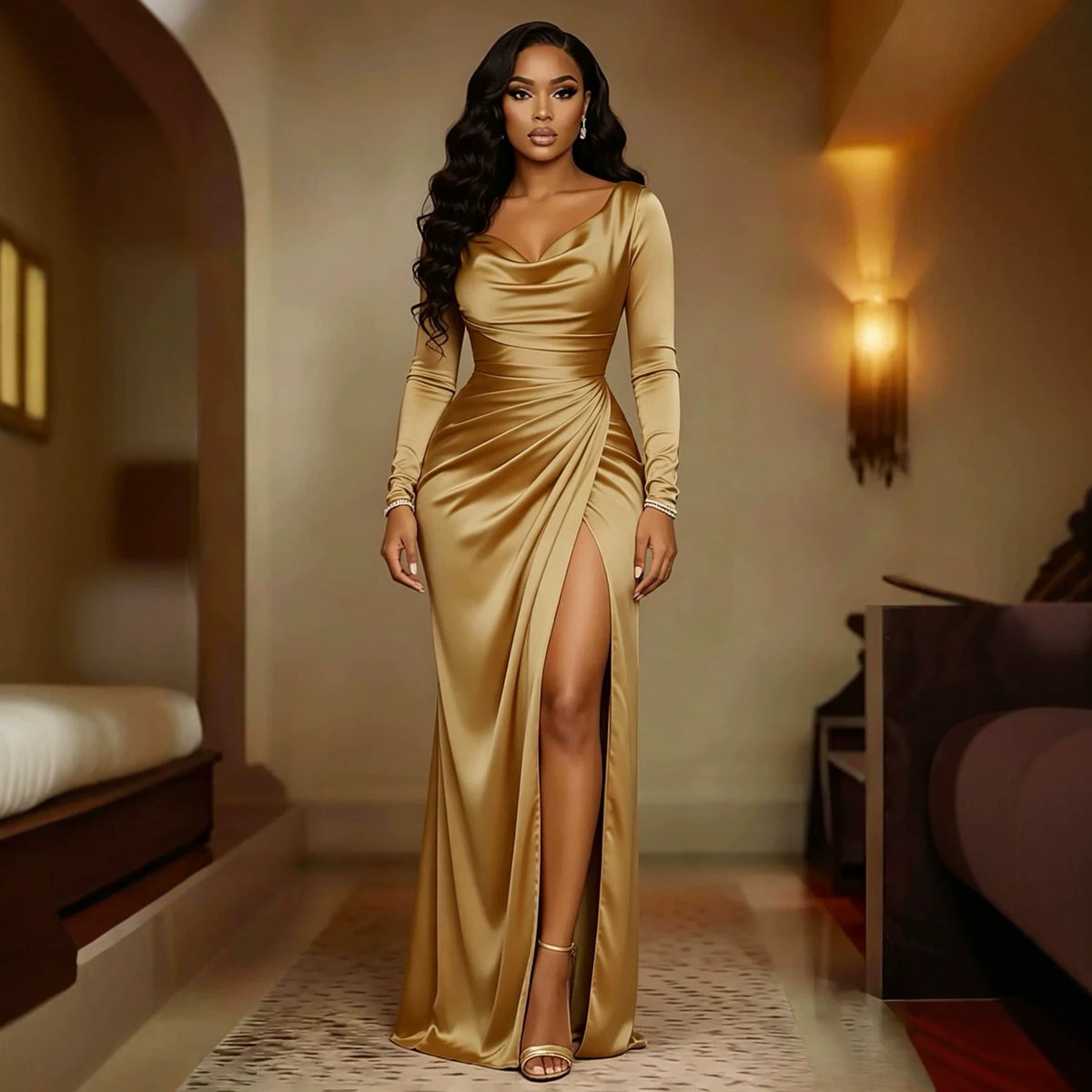 waist-cinched long-sleeve dress teemdrop