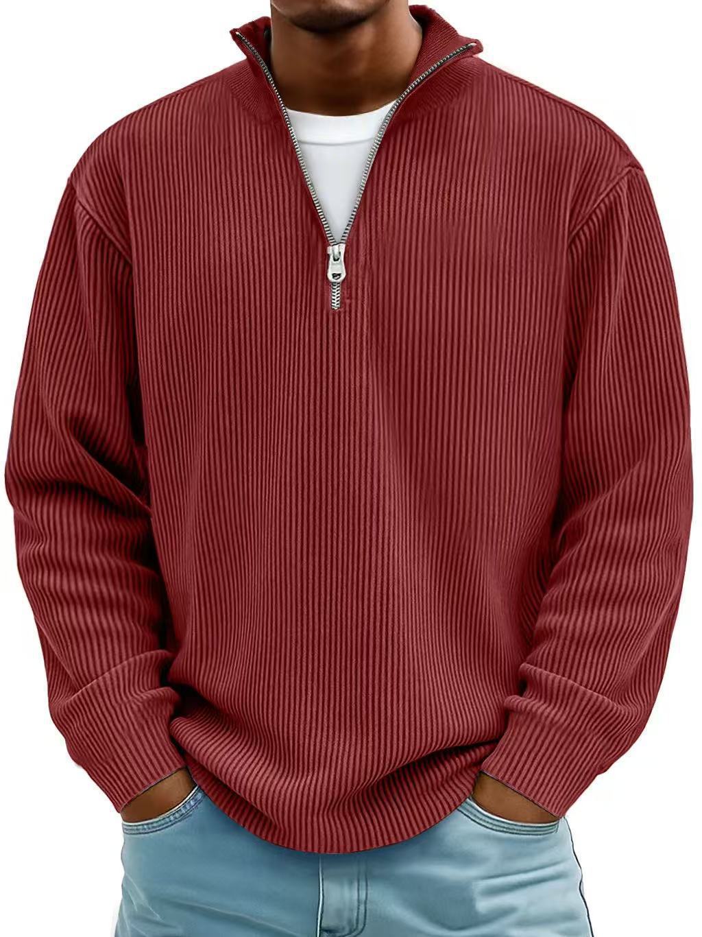 Men's Stand Collar Zipper Corduroy Long Sleeve Polo Shirt teemdrop