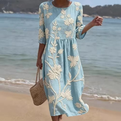 Women's floral print long-sleeved round-neck dress teemdrop