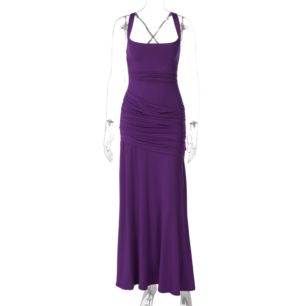 Women's Sleeveless Solid Color Bodycon Maxi Dress with Back Tie teemdrop