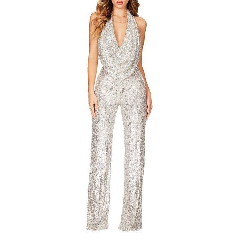 Women's Sparkly Sequin Halter Neck Jumpsuit Slim Fit Long Pants One Piece Evening Dress teemdrop