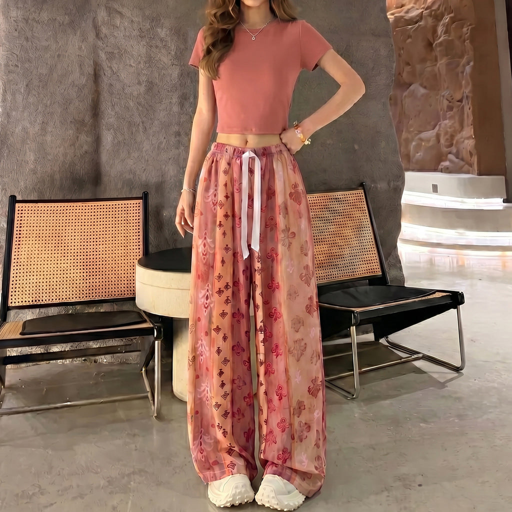 Women's Artistic Print High-Waist Wide-Leg Cotton Casual Pants teemdrop