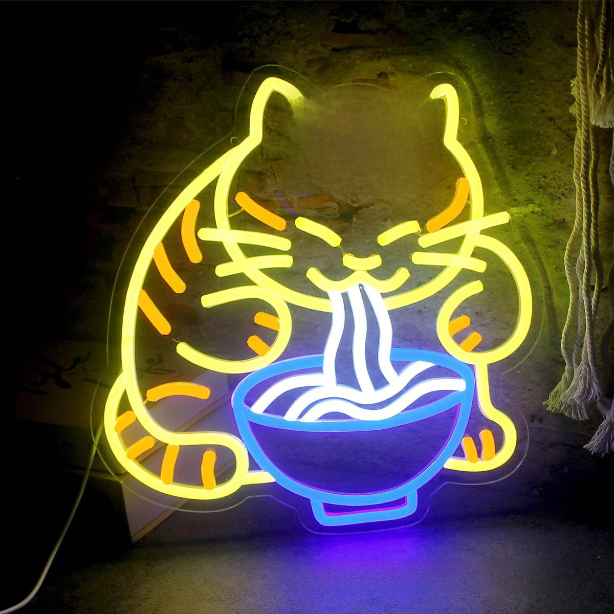USB Dimmable LED Neon Sign, Cat Eating Noodles Light, Acrylic Animal Shaped Nightlight for Home Decor teemdrop