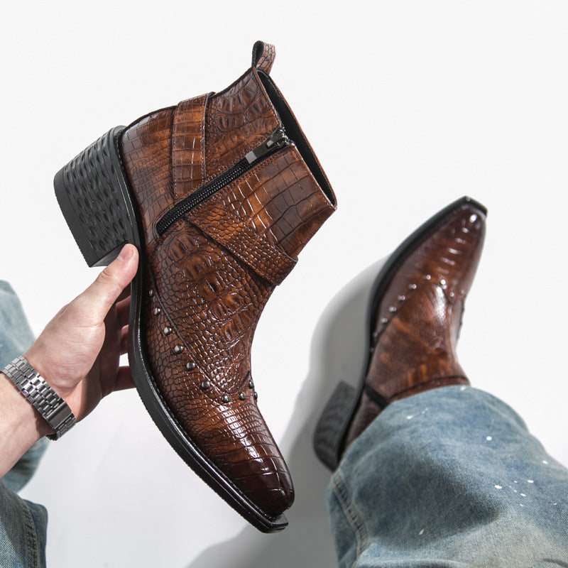 Men's Pointed Toe Leather Boots with Side Zipper and Wedge Heel teemdrop